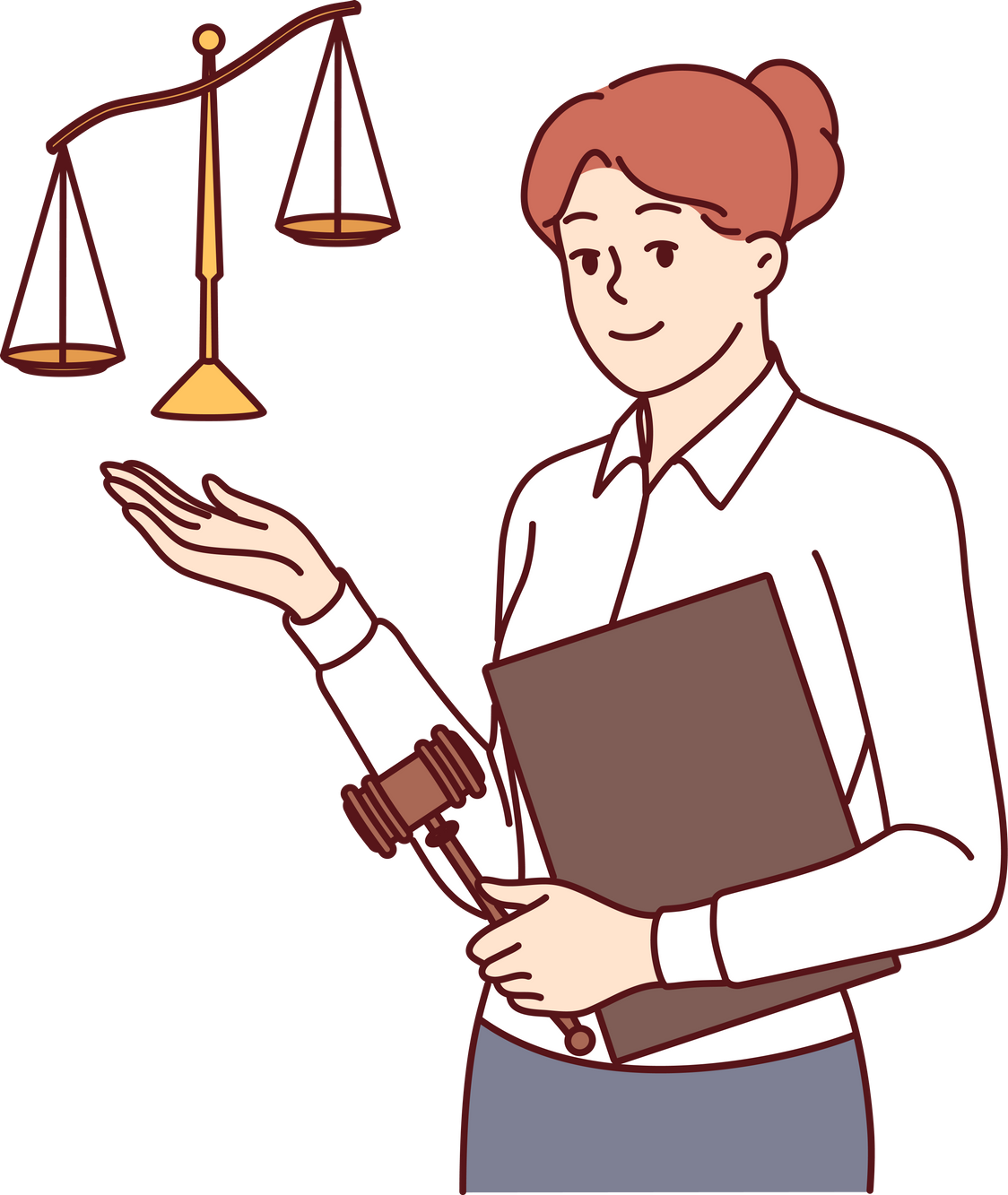 Woman lawyer working in law office holds gavel and scales symbolizing justice or jurisprudence. Young girl lawyer offers to use services for solving legal problems and patent disputes