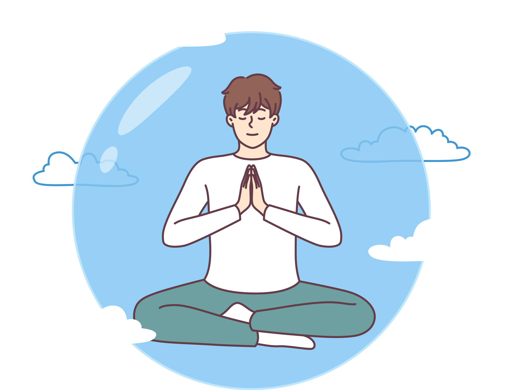 Meditating man does yoga in lotus position in transparent bubble flying in sky and performing zen exercises. Guy is protected by imaginary cocoon that appeared thanks to meditation and yoga