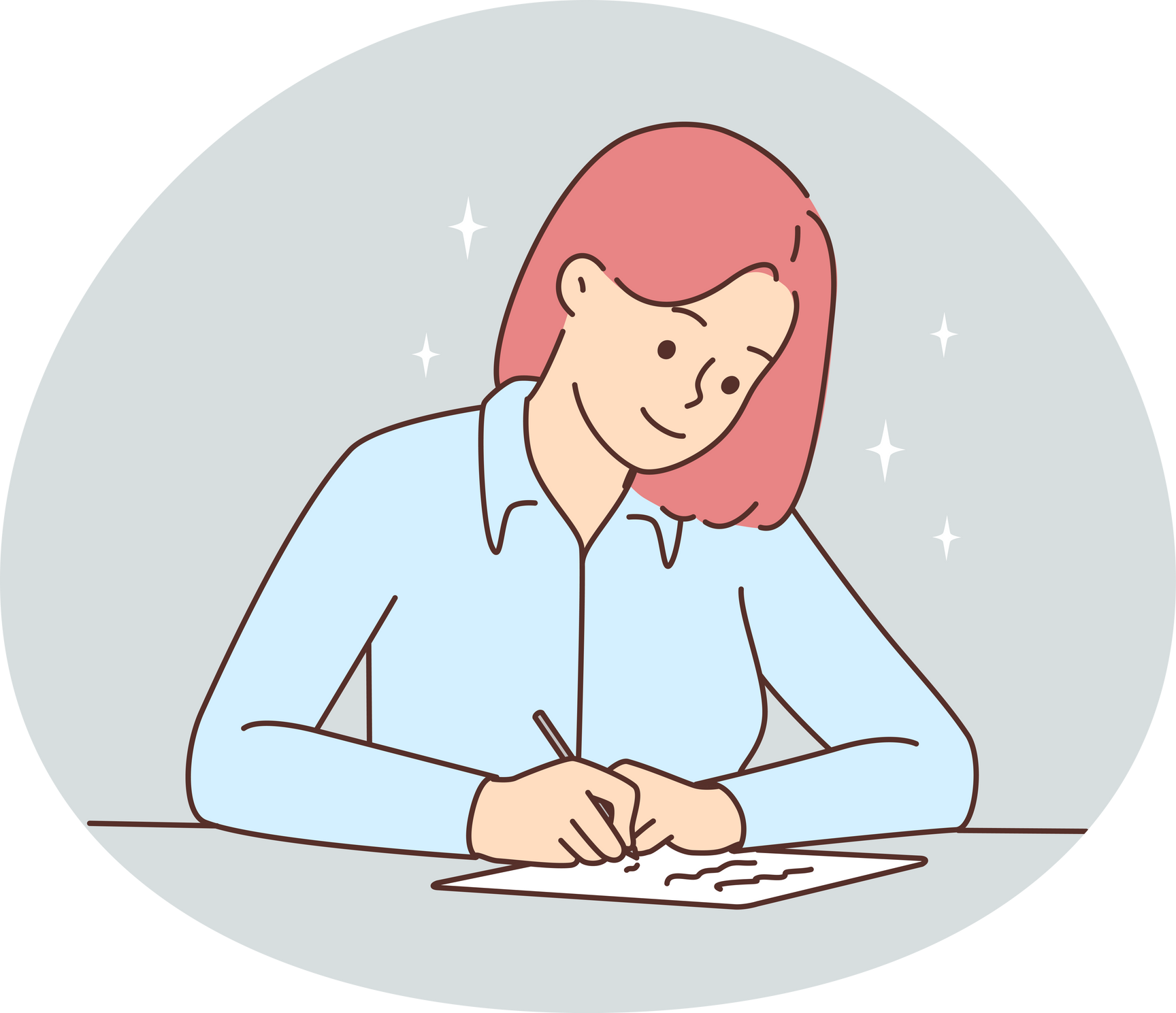 Smiling woman sit at desk writing